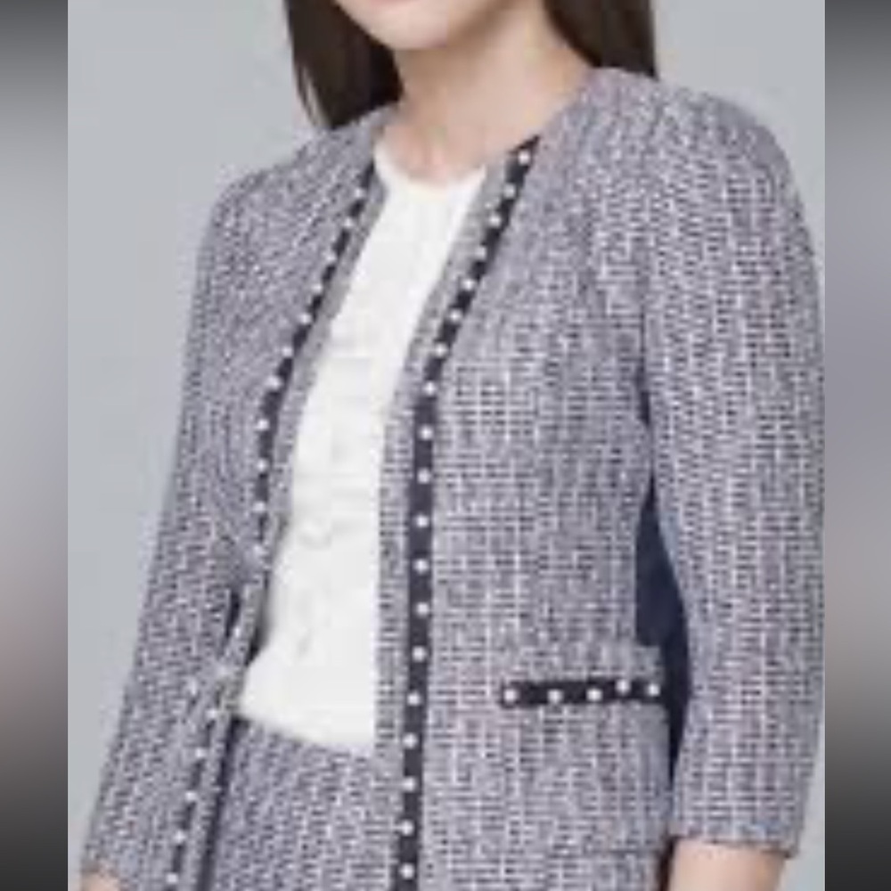White House Black Market Blue with Ecru Embellished Pearl Tweed Jacket Sz. 12